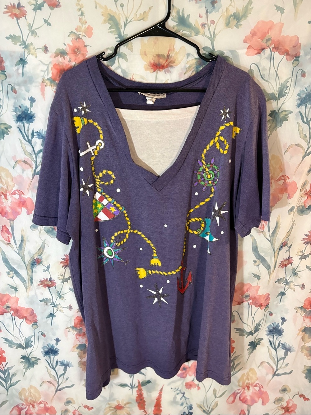Vintage Women’s Purple Nautical Graphic V-Neck Top